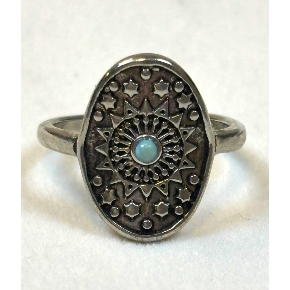 Silver Tone Ring Size 6 Faux Turquoise Oval Western Boho Medallion